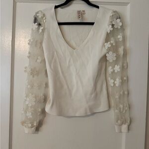 Dolan White Top with Sheer Floral Sleeves